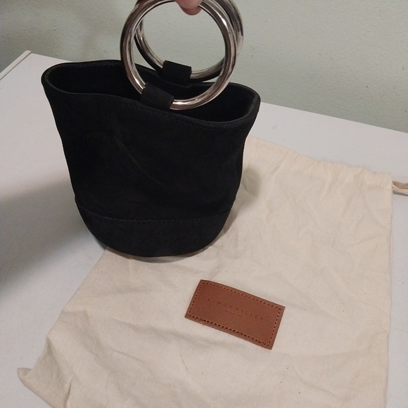 Black Suede Bucket Bag with Silver Handles - Picture 1 of 7